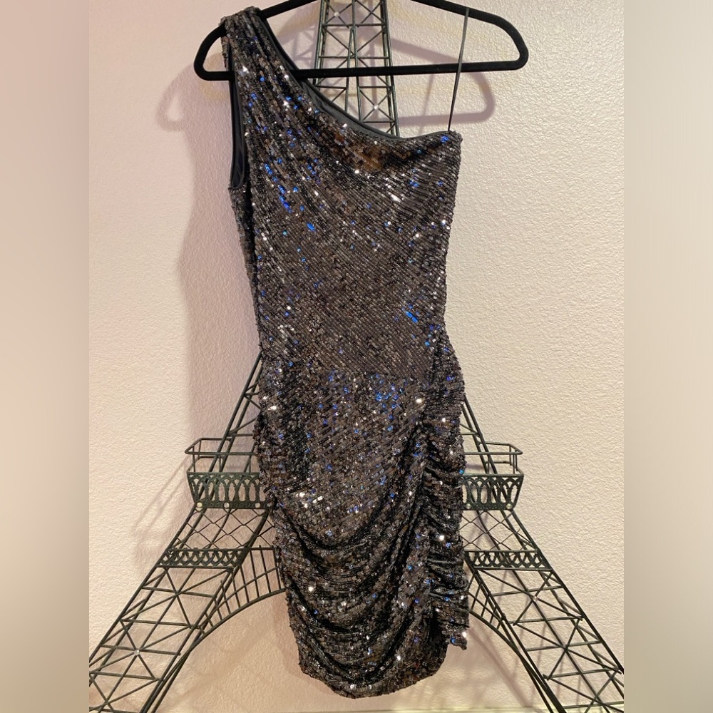One shoulder gunmetal grey sequin mini dress